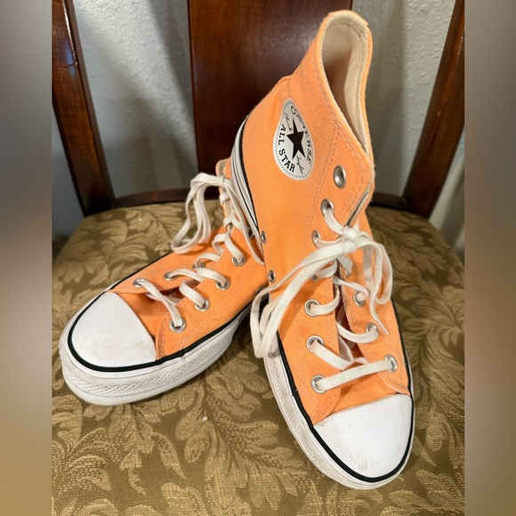 Neon Orange Platform Converse Hi Tops - Picture 1 of 5